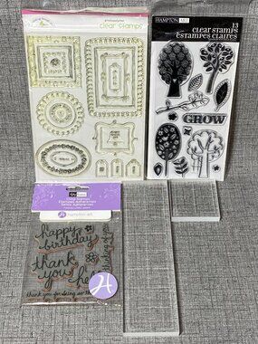 VTG Hampton Art Cling Stamps & 2 Acrylic Blocks 5pc Lot New Old Stock